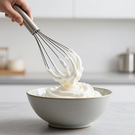 Photograph of a hand holding a whisk, pouring thick white whipped cream into a gray ceramic bowl on a sleek kitchen counter.