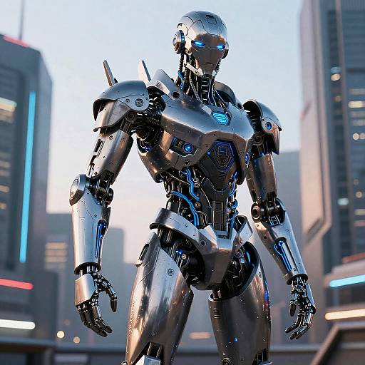 Cyborg Warrior in Futuristic Cityscape
