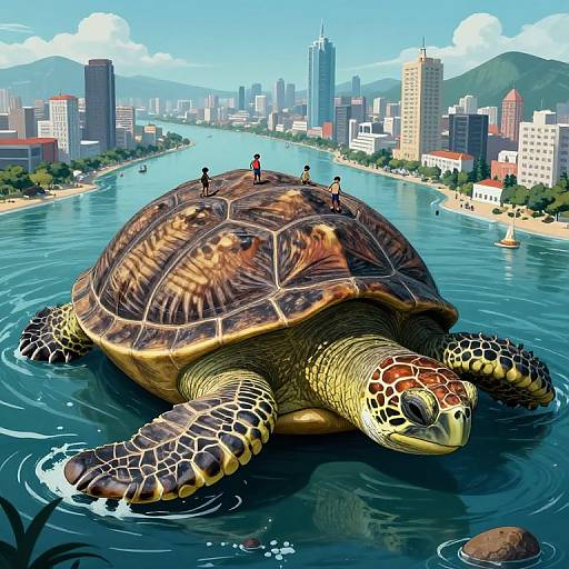 Digital illustration of a giant turtle swimming in a city river, with four people riding its shell, skyscrapers in the background. Vibrant colors,