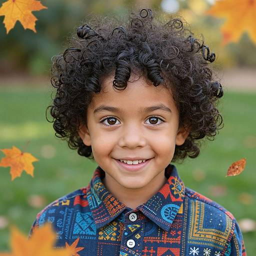 Photograph of a smiling young boy with curly black hair, wearing a colorful patterned shirt, surrounded by autumn leaves in a green park.