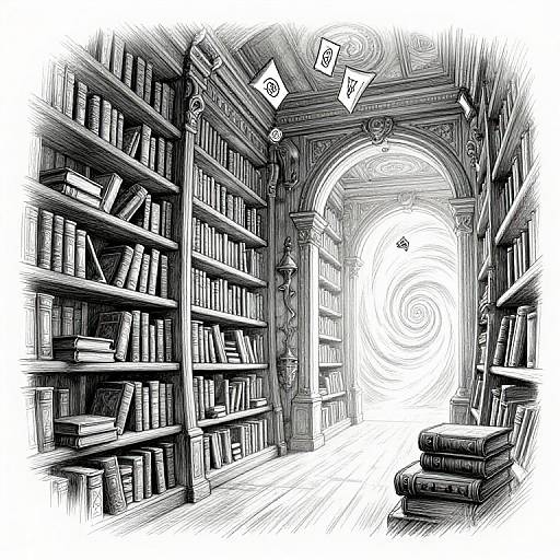 Black-and-white digital drawing of a library aisle with overflowing bookshelves, a stack of books, and a swirling vortex archway.