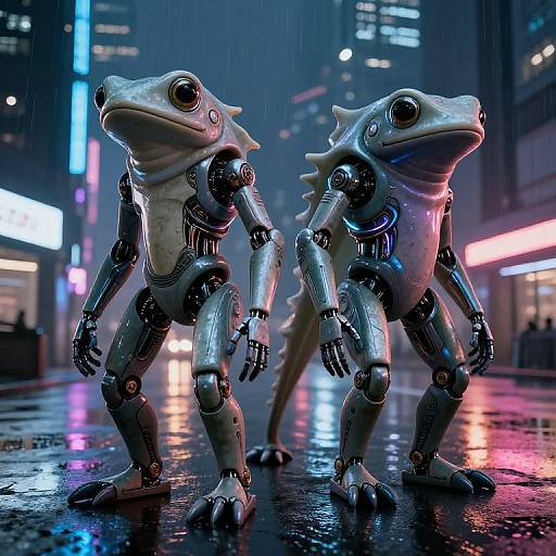 Photorealistic CGI: Two robotic, anthropomorphic frogs with metallic silver bodies, standing in a neon-lit, rainy city street at night.