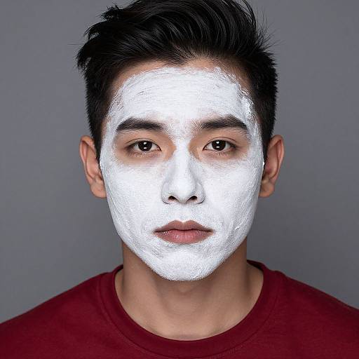 Photograph of an Asian man with short black hair, wearing a red shirt, featuring a white, textured face mask against a gray background.