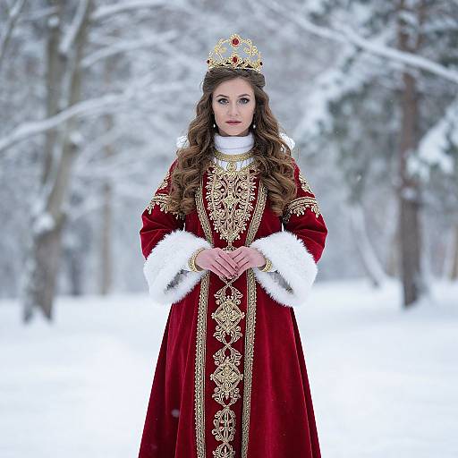 Photograph of a fair-skinned woman with long brown hair, wearing a red velvet royal gown with gold embroidery, white fur trim, and a gold