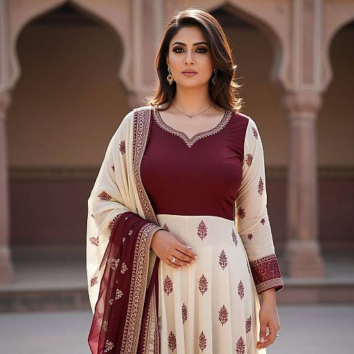 Photograph of a beautiful South Asian woman with medium skin tone, dark wavy hair, wearing a maroon and white traditional anarkali suit with