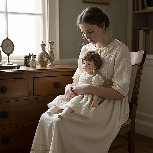 Photograph of a solemn woman in a cream lace dress, holding a porcelain doll, sitting by a sunlit wooden dresser.