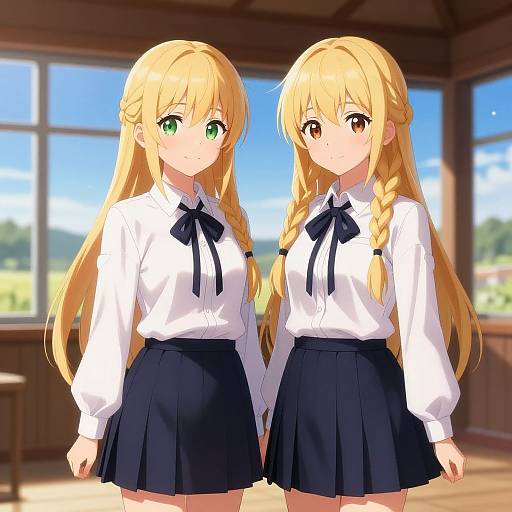 Digital anime artwork of two blonde, green-eyed and brown-eyed girls in white shirts and black skirts, standing in a sunlit classroom.