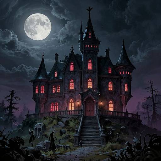 Digital artwork of a spooky, Gothic-style haunted mansion with glowing red windows, illuminated by a full moon, surrounded by dark, eerie forest and gravest