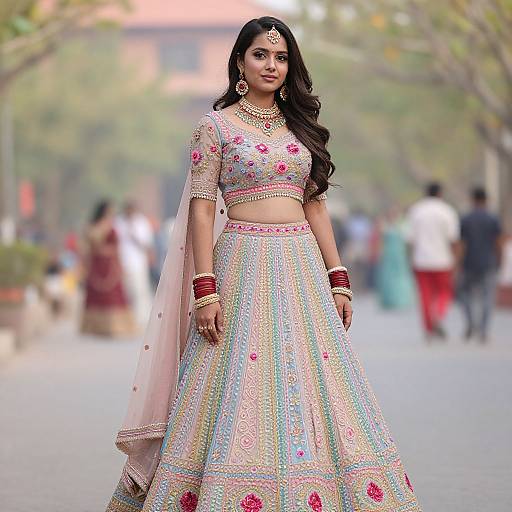 Multicolor Bridal Lehenga with Jewelry