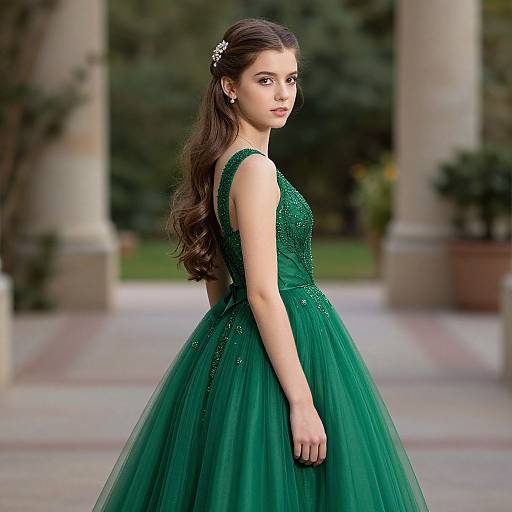 Photograph of a young woman with long brown hair, wearing a sparkling green ball gown, standing in a blurred outdoor setting with columns and greenery.