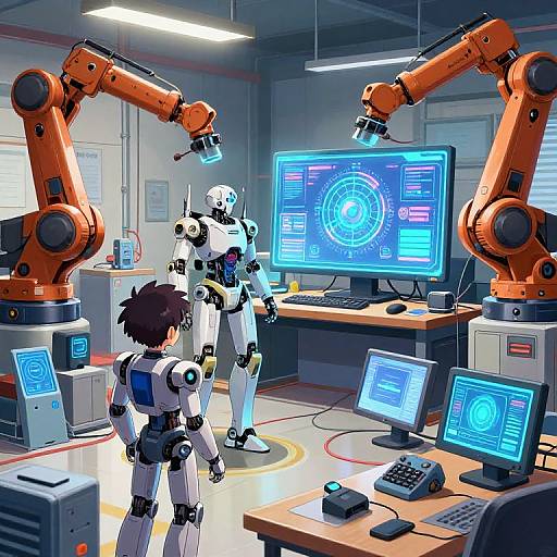 Digital illustration of a futuristic lab with two humans in white robotic suits, two orange robotic arms, and multiple blue-lit computer screens.