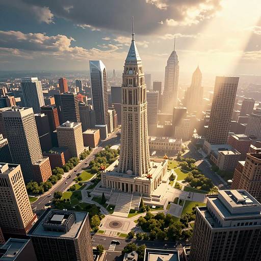 Photorealistic CGI of a sunlit urban skyline featuring a central, towering clock building surrounded by modern skyscrapers and green spaces.
