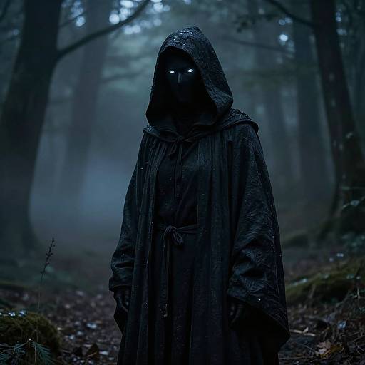 Mysterious figure in dark, hooded cloak with glowing white eyes stands in foggy, blue-tinted forest, creating a haunting, eerie atmosphere
