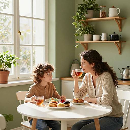 Photograph of a curly-haired woman and child sharing tea at a sunlit kitchen table with potted plants and pastries.