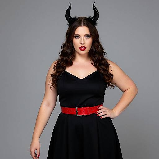 Photograph of a curvy woman with long wavy brown hair, black horned headpiece, red lipstick, black dress, and red belt,