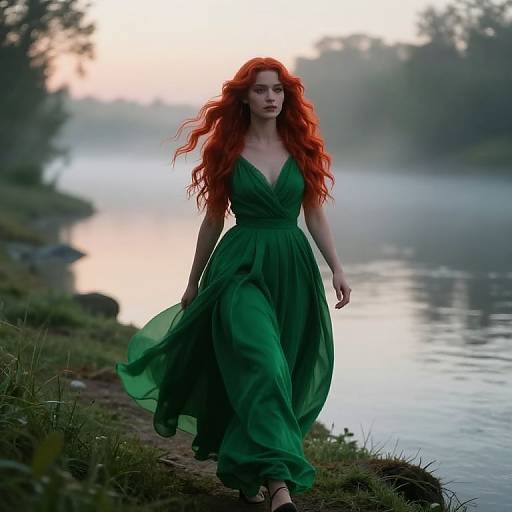 Photograph of a red-haired woman with long, flowing hair in a green, V-neck dress walking along a misty riverbank at sunrise.