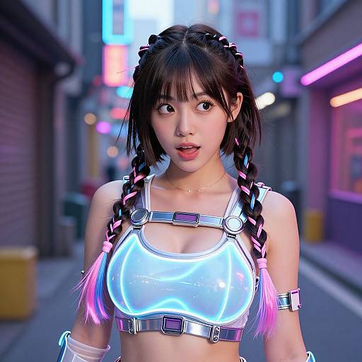 Neon-lit, cyberpunk-style photograph of an Asian woman with braided hair, wearing a glowing white crop top with metallic straps, standing on