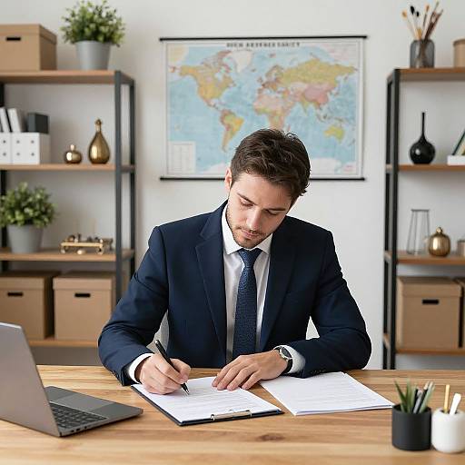 Photograph of a focused, bearded man in a black suit writing on paper at a wooden desk, with a laptop and potted plant nearby,
