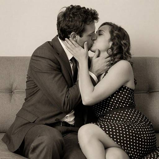 Intimate Sepia-Toned Kiss on Couch