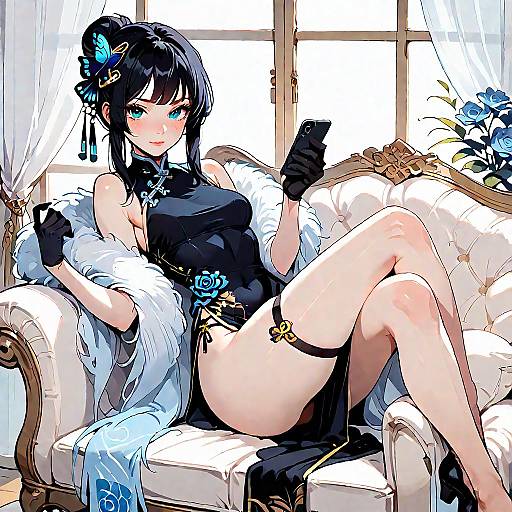 Elegant Black Cheongsam Sitting on Couch