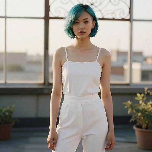 Nonbinary Teal Bob Rooftop Portrait