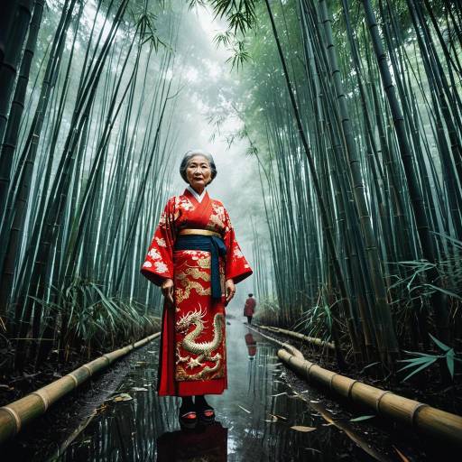 Elderly Woman in Red Kimono in Misty Bamboo Forest