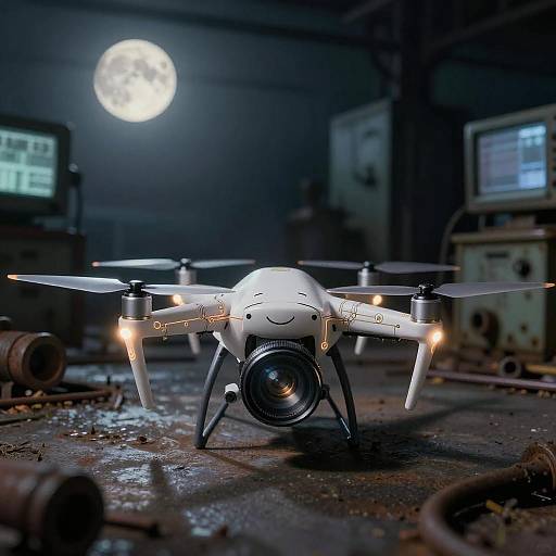 Moonlit Miniature Drone on Factory Floor