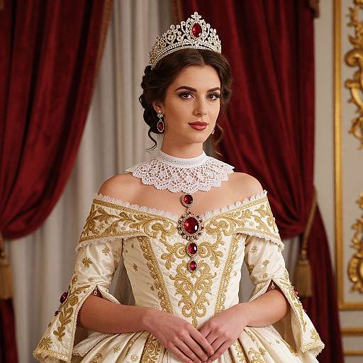 Photograph of a regal woman with fair skin, dark hair, wearing a gold and white embroidered off-shoulder gown, tiara, lace