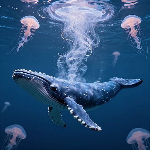 Photograph of a majestic blue whale swimming beneath glowing, translucent jellyfish in a deep, dark blue ocean, with ethereal, swirling light trails from