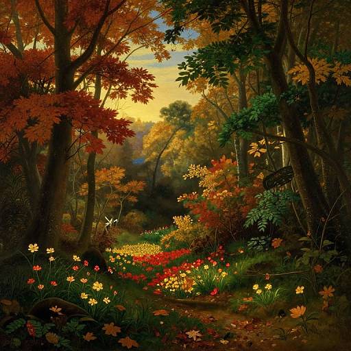 Vibrant autumn forest scene with colorful flowers, red, yellow, and orange leaves, and a sunlit path, surrounded by tall trees. Digital