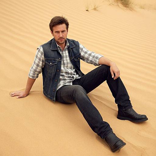 Photograph of a brown-haired man in a plaid shirt, denim vest, black jeans, and boots, sitting in a sandy desert.