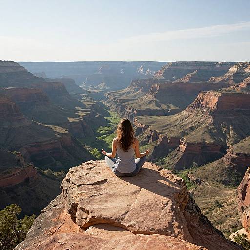 Photograph of a woman with curly brown hair, wearing a white tank top and blue jeans, meditating on a rocky cliff in Grand Canyon, overlooking