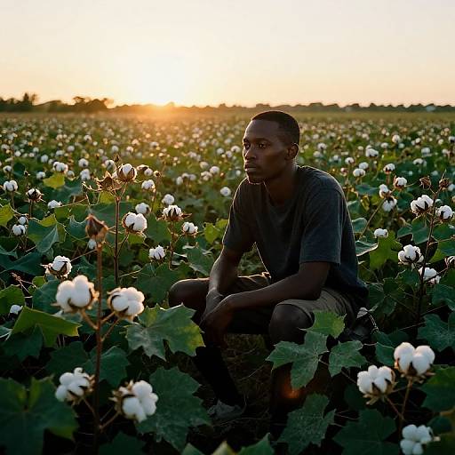 Photograph of a young Black man in a dark gray t-shirt and khaki shorts, sitting in a sunlit cotton field at sunset.
