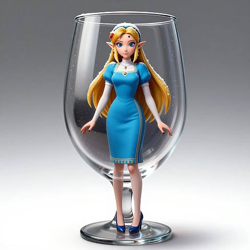 Digital CGI of a blonde, blue-eyed elf girl in a blue maid dress and heels, standing inside a giant clear glass bowl.
