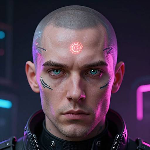 CGI close-up of a bald, serious-looking man with blue eyes, neon pink and purple lighting, and a glowing red spiral symbol on his forehead