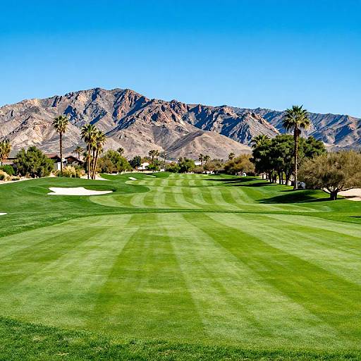 Photograph of a sunlit golf course with striped green grass, palm trees, sand traps, and rugged desert mountains under a clear blue sky.
