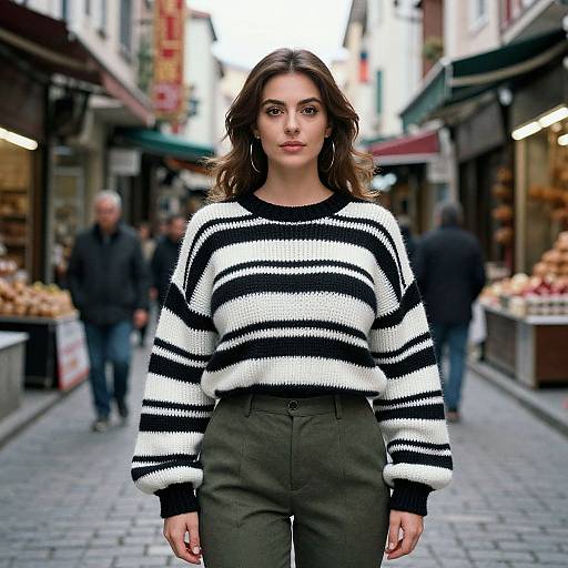 Photograph of a young woman with wavy brown hair, wearing a black and white striped sweater and high-waisted olive pants, standing confidently in
