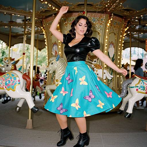 Photograph of a dark-haired woman in a black shiny top and blue skirt with butterfly patterns, dancing in a colorful, lit-up carousel.