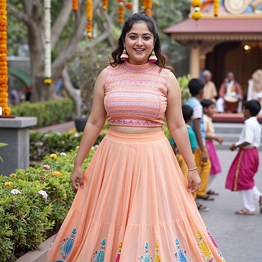 Photograph of a smiling South Asian woman in a peach embroidered sleeveless top and flowing skirt, standing outdoors with marigold garlands and a temple