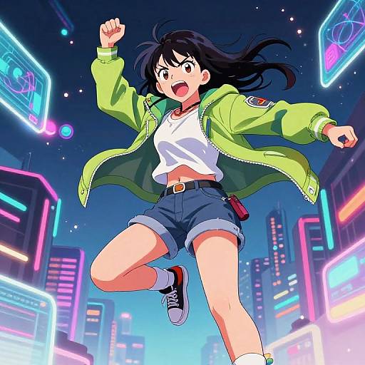 Anime-style digital drawing of a determined girl with black hair, wearing a green jacket, white tee, blue shorts, and sneakers, jumping in a neon