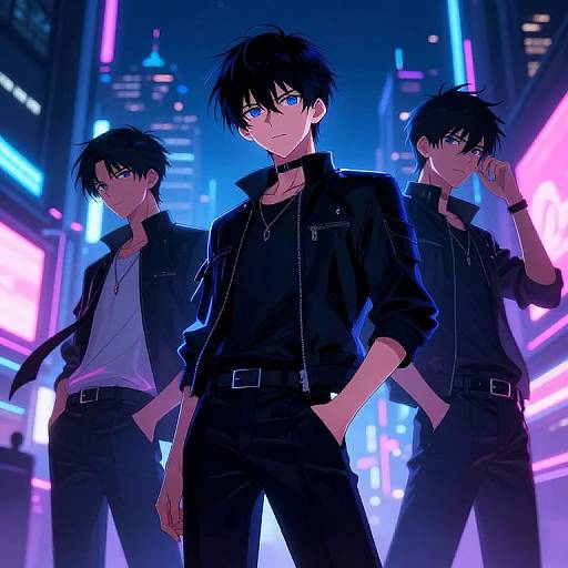 Digital anime artwork of three black-haired, blue-eyed men in black leather jackets, standing in a neon-lit, futuristic city street.