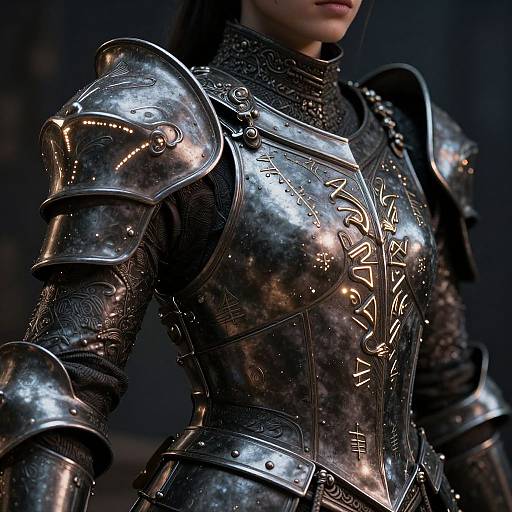 Photorealistic CGI of a woman in shiny, ornate medieval armor with intricate gold engravings, partially visible face, dark background.