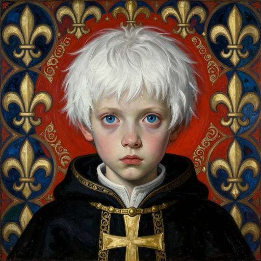 Digital painting of a pale-skinned, blue-eyed boy with white hair, wearing a black robe with a gold cross, against a red and blue fle
