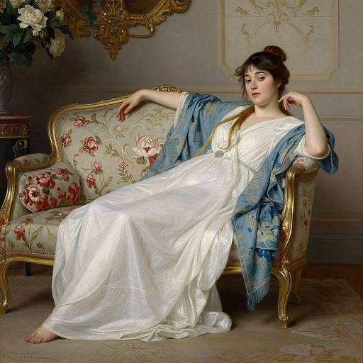 Elegant painting of a fair-skinned woman with dark hair in a white, flowing gown and blue shawl, lounging on a floral-patterned