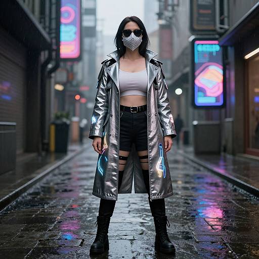 Cyberpunk street scene: woman in silver metallic coat, white crop top, black shorts, face mask, black boots, standing on wet, neon