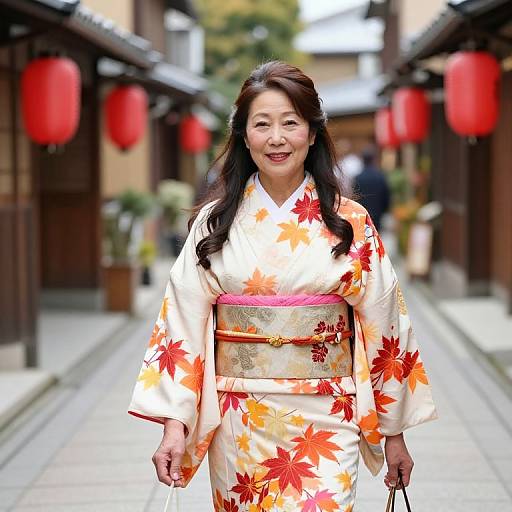 Photograph of smiling Asian woman in white kimono with orange-red maple leaf pattern, standing in traditional Japanese street with red lanterns.