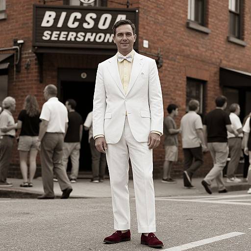 Photograph of a man in a white suit, yellow tie, and maroon shoes standing in front of a brick building with 