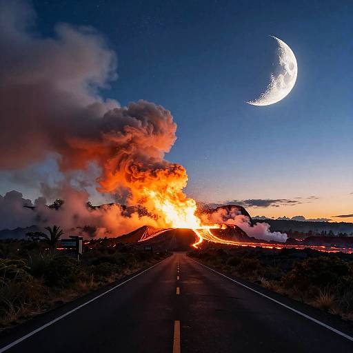 Volcanic Eruption with Waxing Crescent Moon