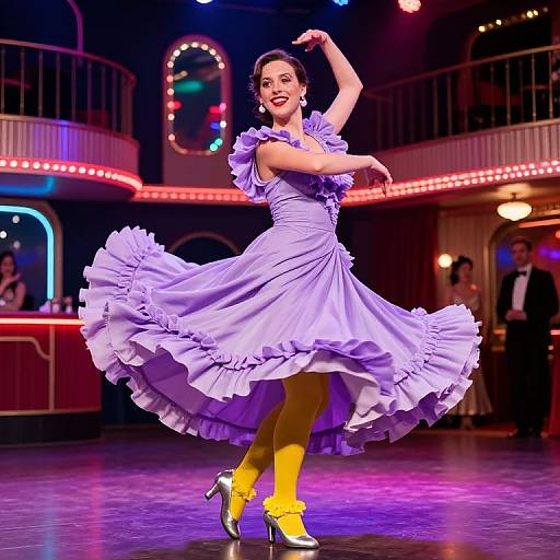 Photograph of a joyful female dancer in a ruffled lavender dress, yellow tights, and silver shoes, mid-spin on a brightly lit stage with