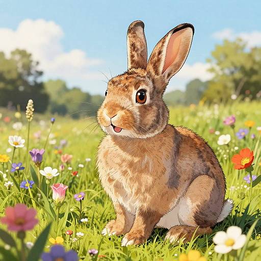 Digital illustration of a cute, brown and beige rabbit with large ears, sitting in a vibrant, colorful meadow of wildflowers under a bright blue sky